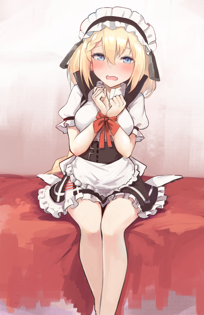 1girl, apron, bed, blonde_hair, blue_eyes, blush, bound, bound_arms
