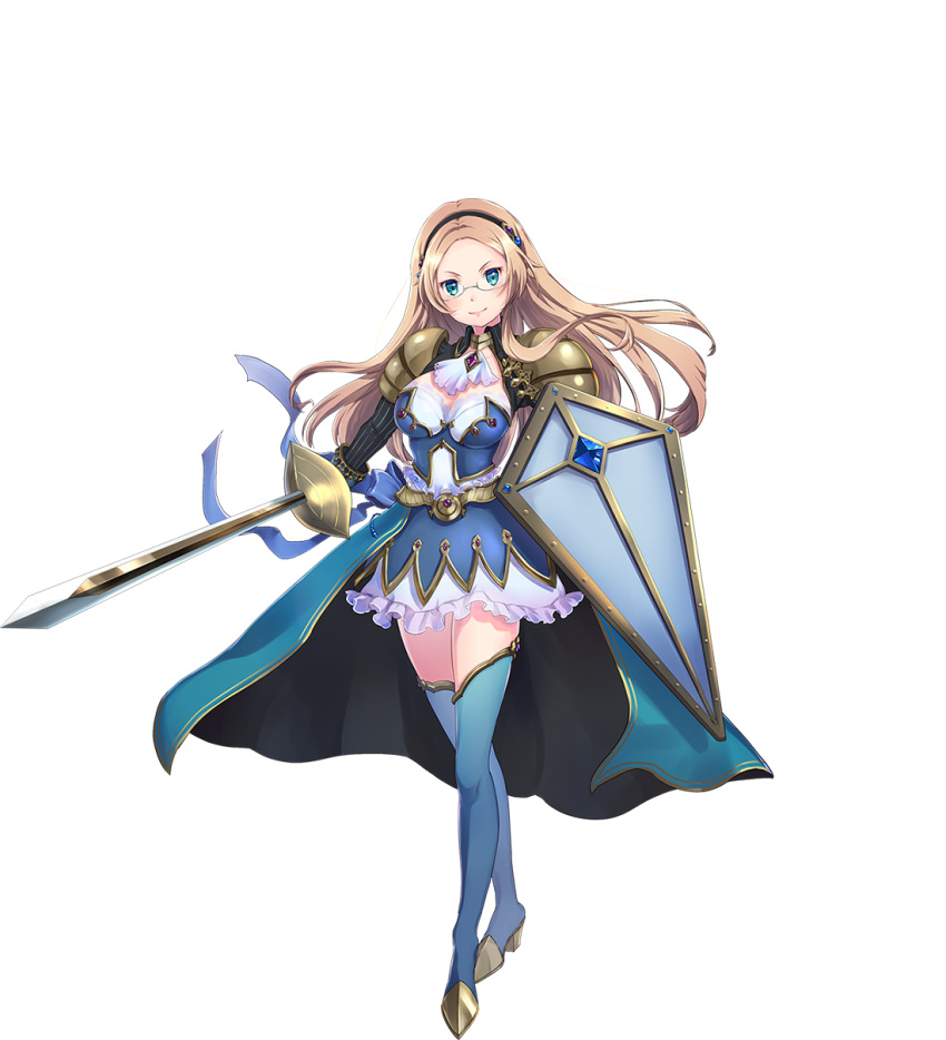 1girl, awakening_(sennen_sensou_aigis), blue_eyes, blush, boots, breasts, full_body, glasses