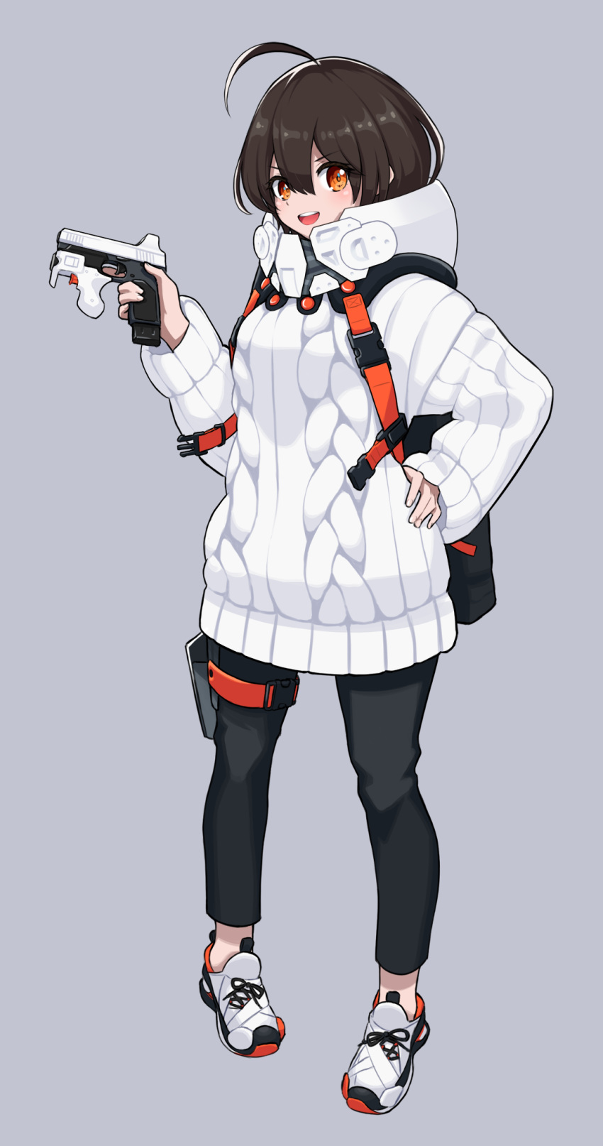 1girl, ahoge, antenna_hair, backpack, bag, black_legwear, blush, brown_hair