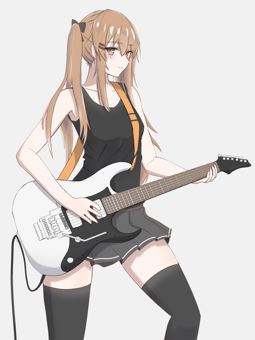1girl, brown_eyes, brown_hair, commentary_request, electric_guitar, eyebrows_visible_through_hair, girls_frontline, guitar, highres, instrument, music, playing_instrument, rynn_(user_rkgs8583), scar, scar_across_eye, skirt, solo, thigh-highs, twintails, ump9_(girls_frontline)