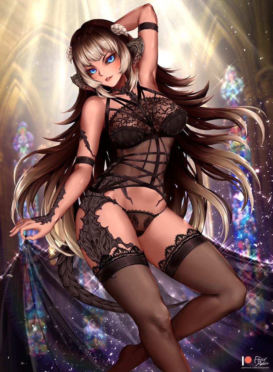 1girl, arm_strap, arm_up, armpits, au_ra, bangs, black_legwear, black_panties