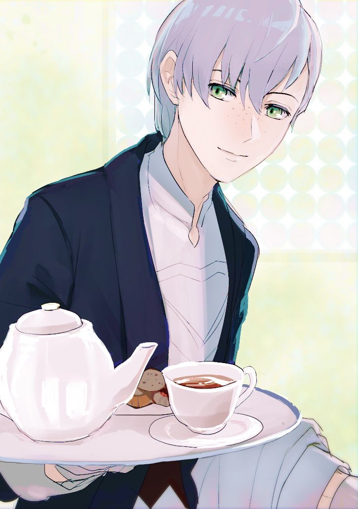 1boy, alternate_costume, ashe_ubert, cookie, cup, fire_emblem, fire_emblem:_three_houses, food