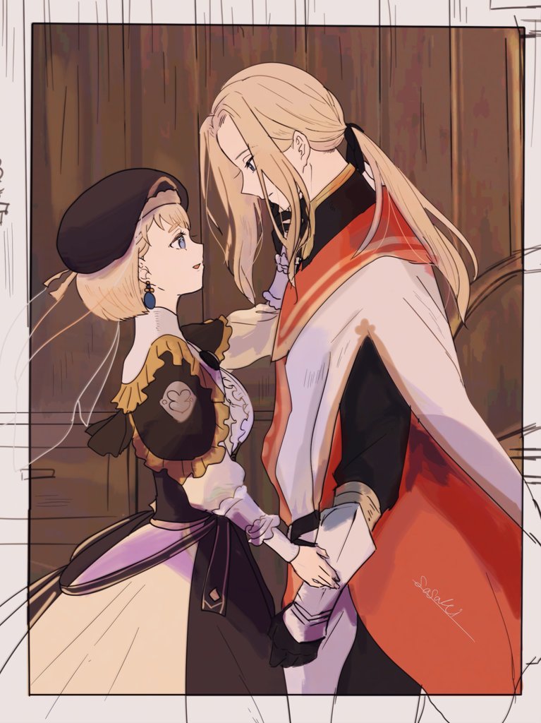1boy, 1girl, artist_name, blonde_hair, border, brother_and_sister, dress, earrings
