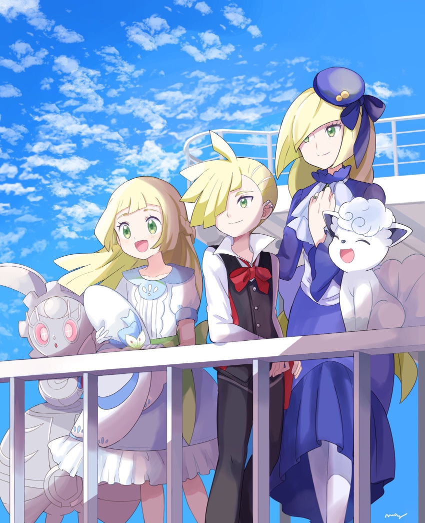 1boy, 2girls, alolan_form, alolan_vulpix, black_pants, black_vest, blonde_hair, blue_dress