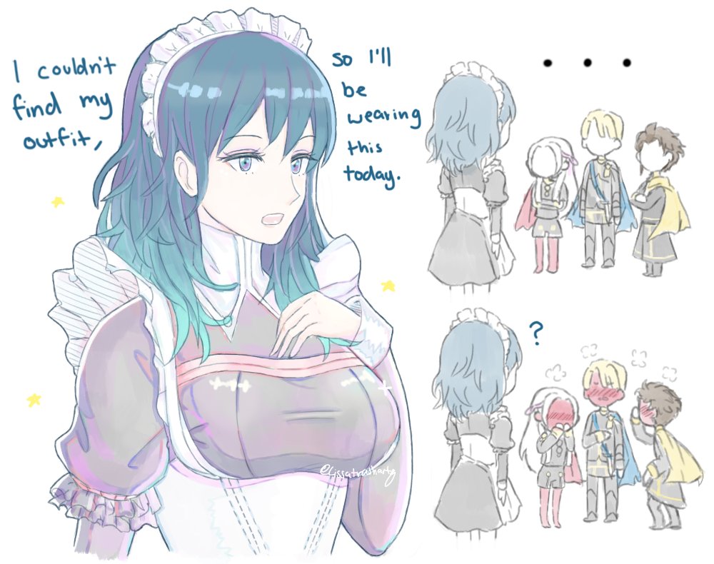2boys, 2girls, blonde_hair, blue_cape, blue_eyes, blue_hair, blush, brown_hair, byleth_(fire_emblem), byleth_eisner_(female), cape, claude_von_riegan, dimitri_alexandre_blaiddyd, edelgard_von_hresvelg, english_commentary, english_text, fire_emblem, fire_emblem:_three_houses, from_behind, garreg_mach_monastery_uniform, hetero, lissatrashart, long_hair, long_sleeves, maid, maid_headdress, medium_hair, multiple_boys, multiple_girls, open_mouth, polyamory, red_cape, short_hair, simple_background, twitter_username, uniform, white_background, yellow_cape, yuri