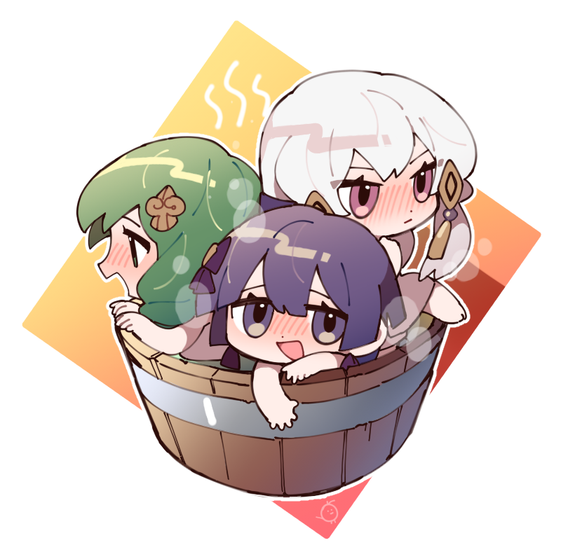 3girls, bernadetta_von_varley, blush, bucket, chibi, closed_mouth, cute, fire_emblem, fire_emblem:_three_houses, fire_emblem:_three_houses, fire_emblem_16, flayn_(fire_emblem), friedbirdchips, from_side, green_eyes, green_hair, hair_ornament, intelligent_systems, loli, long_hair, lysithea_von_ordelia, multiple_girls, nintendo, open_mouth, pink_eyes, purple_hair, relaxing, teen, violet_eyes, white_hair, wooden_bucket