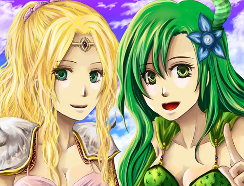 bad_id, blonde_hair, breasts, cloud, clouds, crown, final_fantasy, final_fantasy_iv, flower, green_eyes, green_hair, hair_accessory, hair_flower, hair_ornament, hat, hda, lowres, multiple_girls, rosa_farrell, rydia, sky
