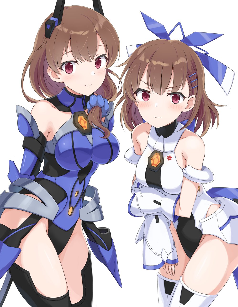 2girls, arm_armor, armor, arms_behind_back, bare_shoulders, blue_armor, blush, brown_hair