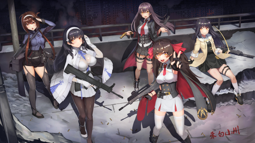 5girls, absurdres, assault_rifle, breasts, bridge, bullpup, fingerless_gloves, girls_frontline
