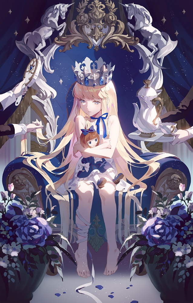 1girl, 2others, bandages, barefoot, blonde_hair, blue_eyes, blue_ribbon, crown