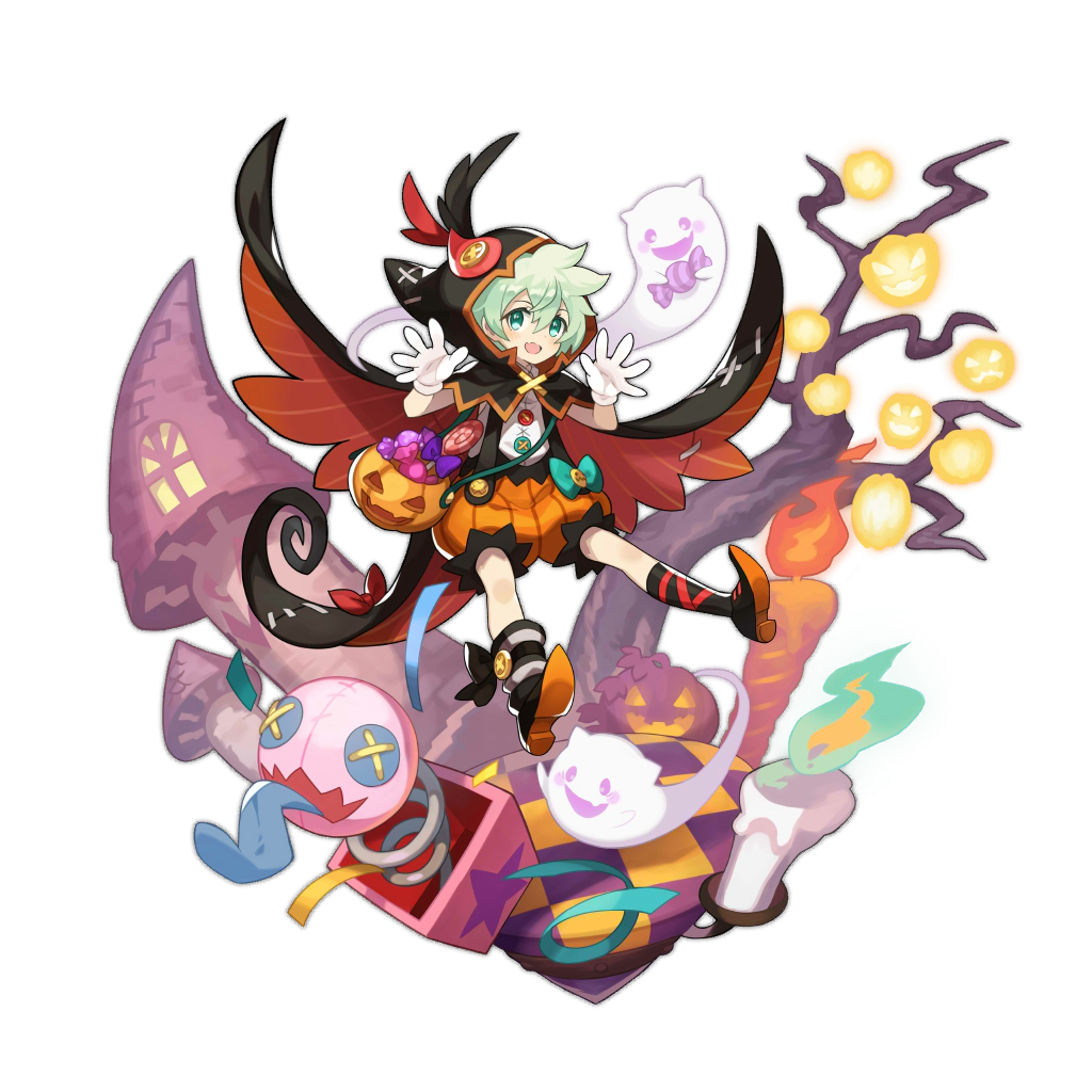 1boy, asymmetrical_clothes, asymmetrical_legwear, buttons, candle, checkered, checkered_floor, cloak, dragalia_lost, fang, full_body, ghost, ghost_tail, gloves, green_eyes, green_hair, halloween, halloween_costume, hood, hooded_cloak, jack-o'-lantern, jack_in_the_box_(toy), looking_at_viewer, lowen_(dragalia_lost), non-web_source, official_art, open_hands, open_mouth, puffy_shorts, pumpkin, ribbon, saitou_naoki, shorts, smile, solo, transparent_background, tree, window