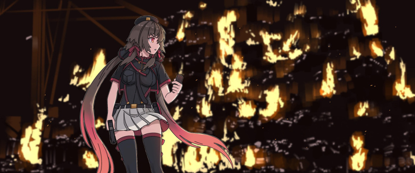 1girl, bangs, batman_(series), black_headwear, black_legwear, brown_hair, cowboy_shot, fire