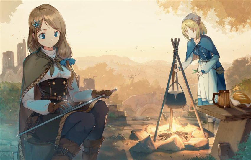 2girls, blonde_hair, blue_eyes, bread, brown_hair, campfire, cape, capelet, commentary, cooking, fantasy, fire, flower, food, gloves, hair_flower, hair_ornament, long_hair, multiple_girls, original, outdoors, pot, sharpening, sitting, sword, tripod, weapon, yoshitake