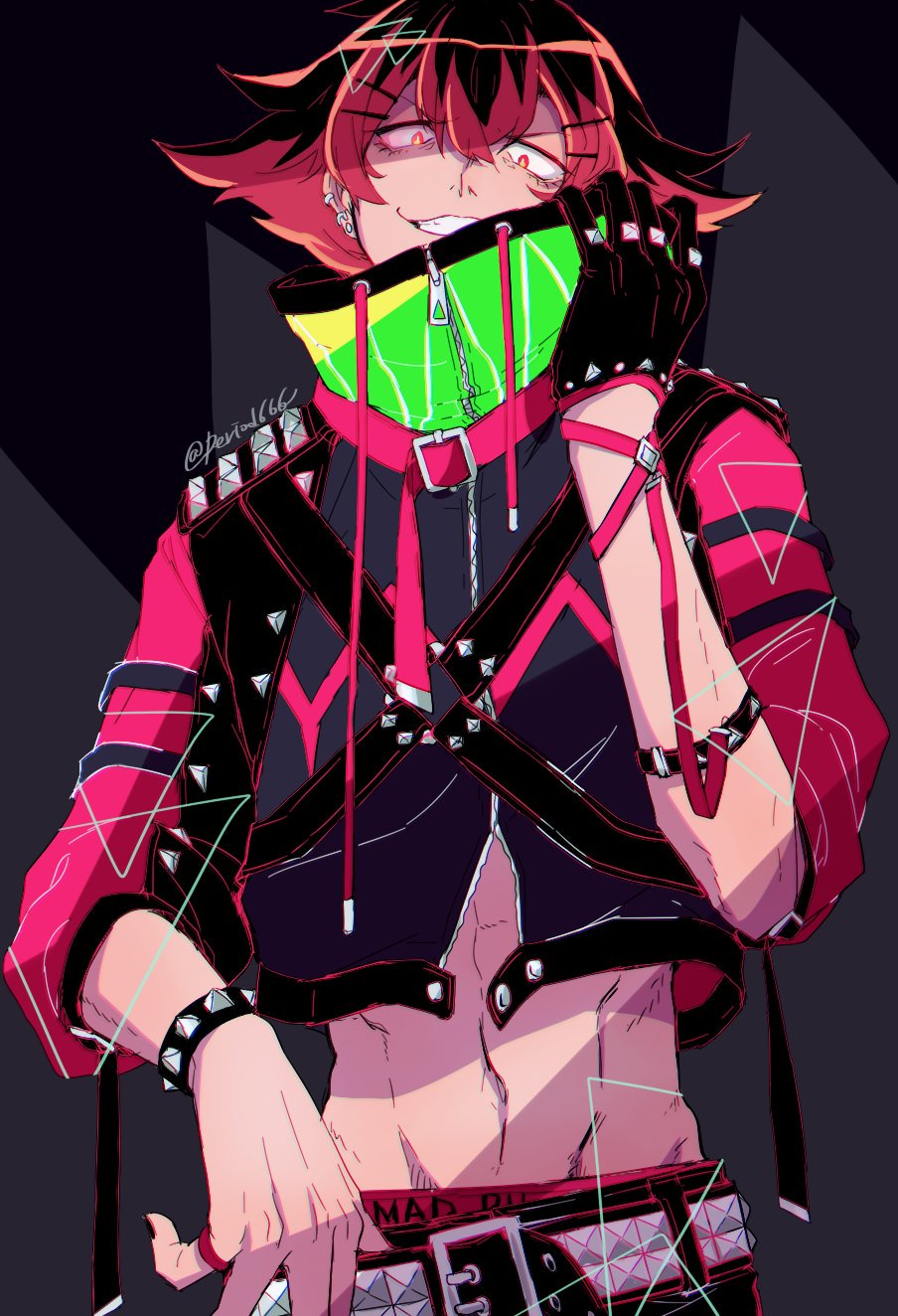 1boy, akasuzu3641, belt, black_background, black_gloves, bracelet, cropped_jacket, ear_piercing