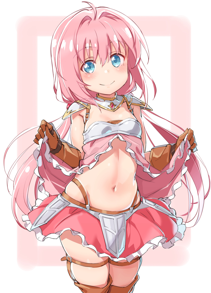 1girl, absurdres, ahoge, armor, blue_eyes, blush, boots, brown_gloves