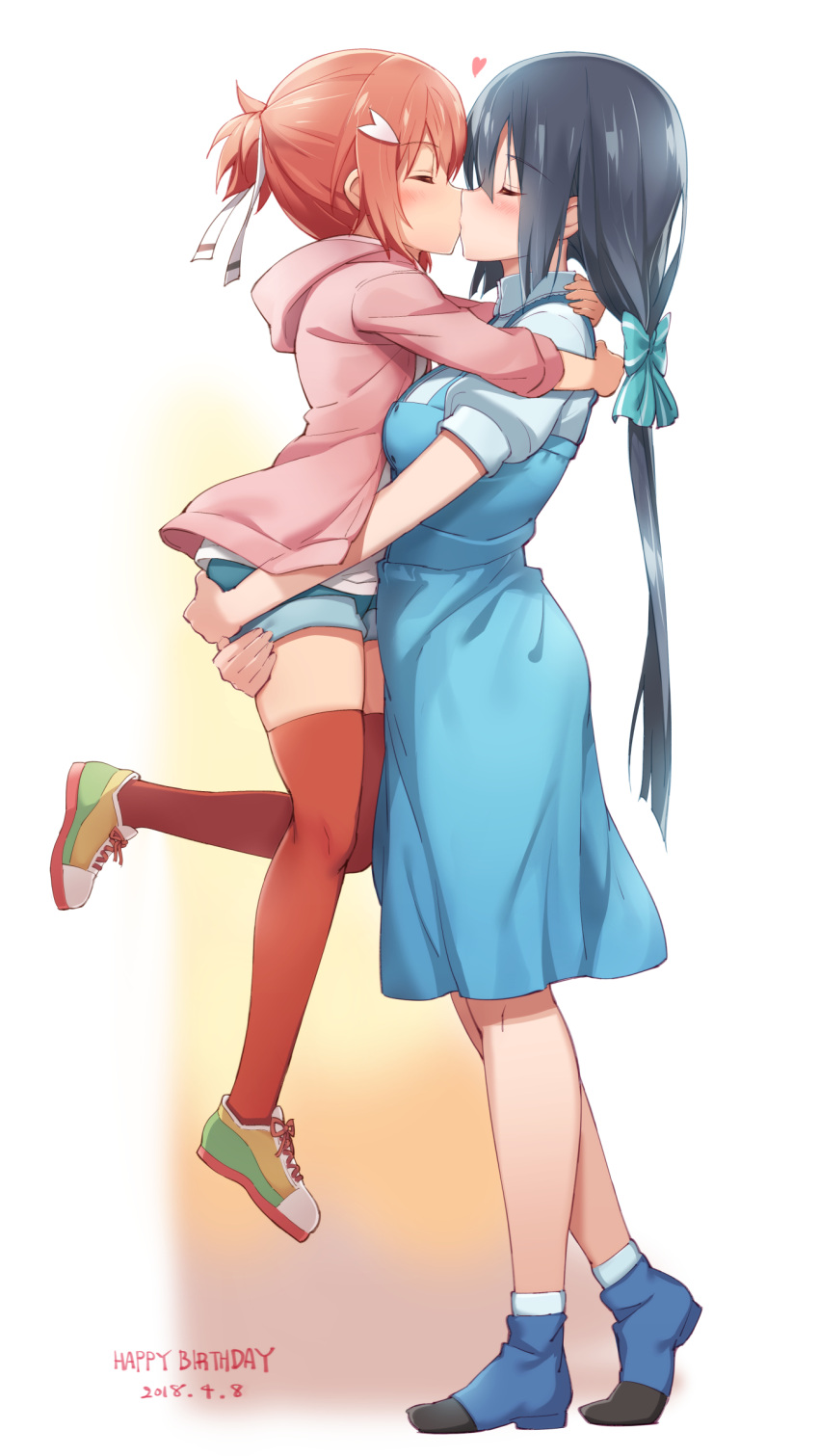 2girls, absurdres, ass_grab, asymmetrical_docking, black_hair, blue_bow, blue_dress, blue_footwear, blue_shorts, blush, bow, breast_press, breasts, carrying, closed_eyes, commentary_request, couple, dated, dress, eyebrows_visible_through_hair, from_side, full_body, gradient, gradient_background, hair_bow, hair_ornament, hair_ribbon, hairclip, happy_birthday, heart, height_difference, highres, hug, kiss, large_breasts, long_hair, low-tied_long_hair, michairu, multicolored_footwear, multiple_girls, pinafore_dress, pink_hoodie, ponytail, print_ribbon, red_legwear, redhead, ribbon, shirt, shoes, short_hair, shorts, simple_background, single_stripe, skindentation, small_breasts, sneakers, socks, standing, thigh-highs, tougou_mimori, white_background, white_legwear, white_ribbon, white_shirt, yuri, yuuki_yuuna, yuuki_yuuna_wa_yuusha_de_aru, yuusha_de_aru
