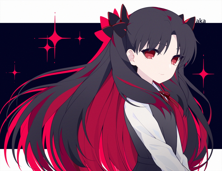 1girl, bangs, black_bow, black_dress, black_hair, bow, closed_mouth, commentary