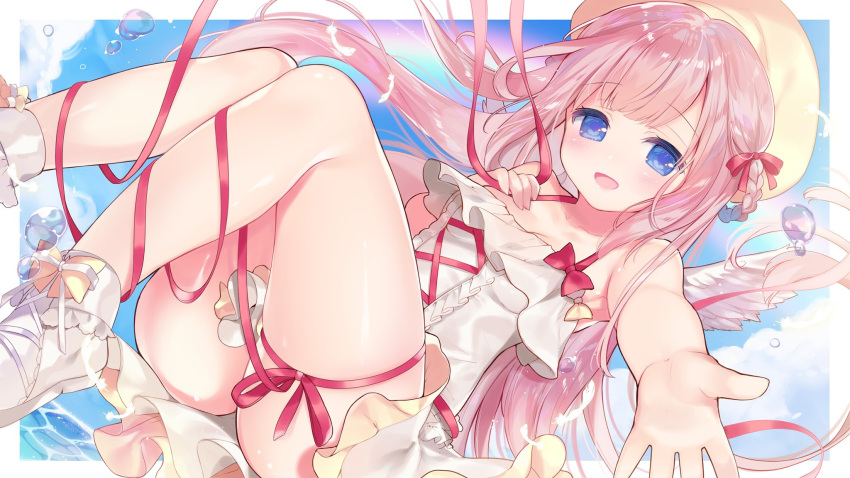 1girl, :d, ame_usari, ass, bangs, bare_arms, bare_shoulders, beret