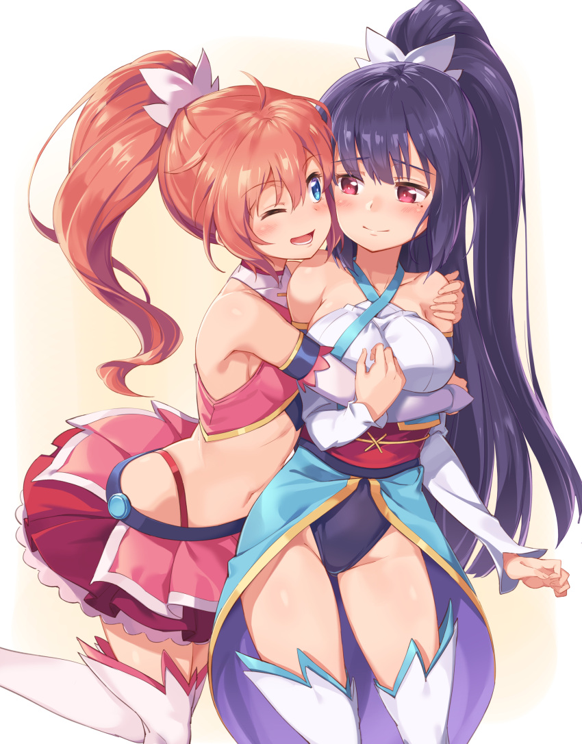 2girls, ;d, absurdres, amatsuki_meguru, angel_rose, angel_sapphire, bare_shoulders, black_hair