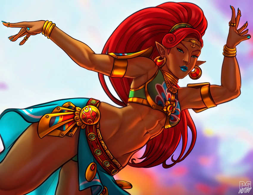 1girl, abs, belly_dancing, big_hair, blue_lipstick, blue_nails, bracelet, breasts