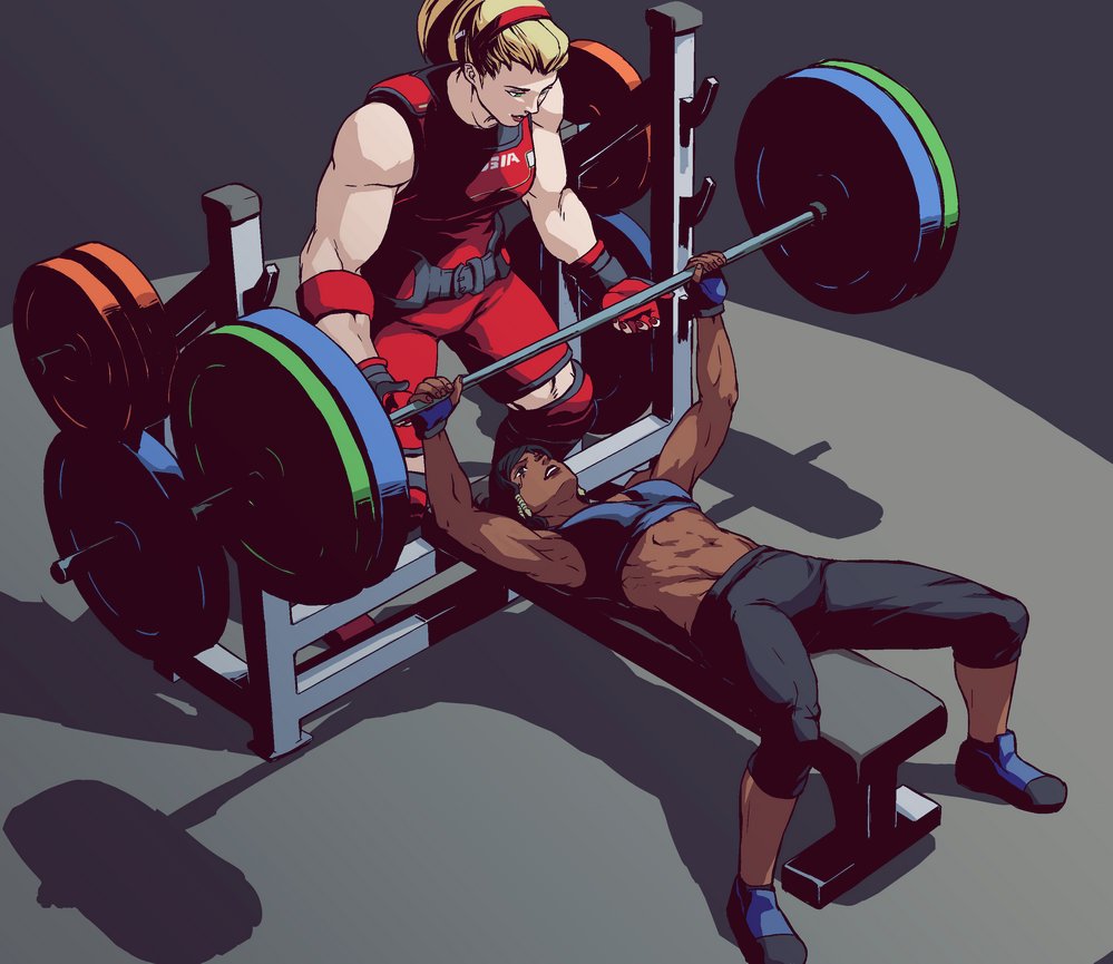 2girls, alternate_costume, alternate_hair_color, barbell, bench_press, black_hair, breasts, champion_zarya