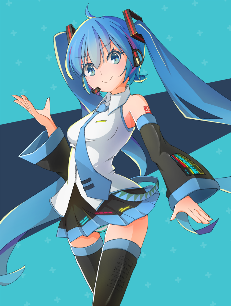 >:), 1girl, ahoge, bangs, black_legwear, black_skirt, black_sleeves, blue_eyes, blue_hair, blue_neckwear, breasts, closed_mouth, collared_shirt, commentary_request, detached_sleeves, eyebrows_visible_through_hair, hair_between_eyes, hair_ornament, hand_up, hatsune_miku, headphones, headset, long_hair, long_sleeves, mamagogo_(gomaep), necktie, panties, pleated_skirt, shirt, skirt, sleeveless, sleeveless_shirt, small_breasts, smile, solo, striped, striped_panties, thigh-highs, twintails, underwear, v-shaped_eyebrows, very_long_hair, vocaloid, white_shirt, wide_sleeves