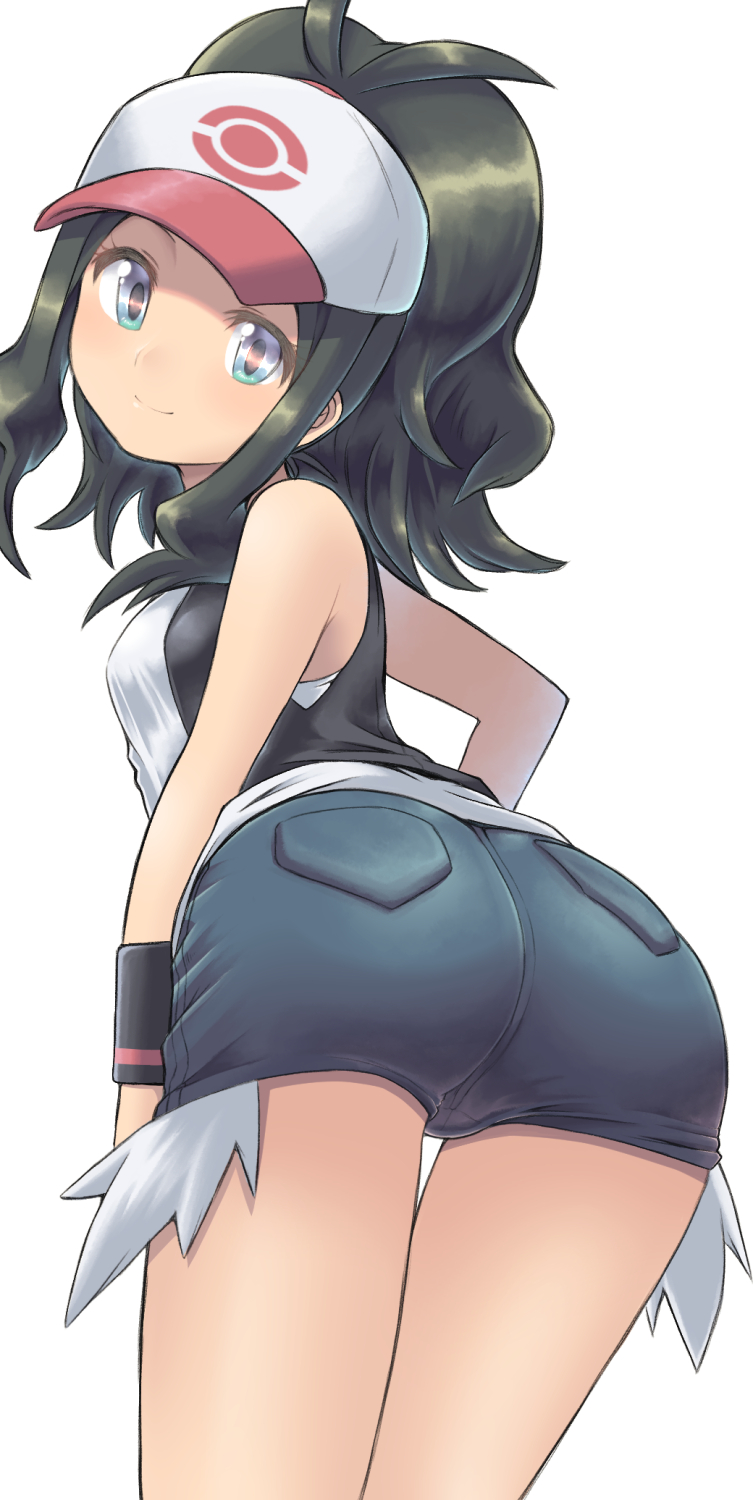 1girl, arm_at_side, ass, bare_arms, bare_shoulders, baseball_cap, big_hair, black_hair