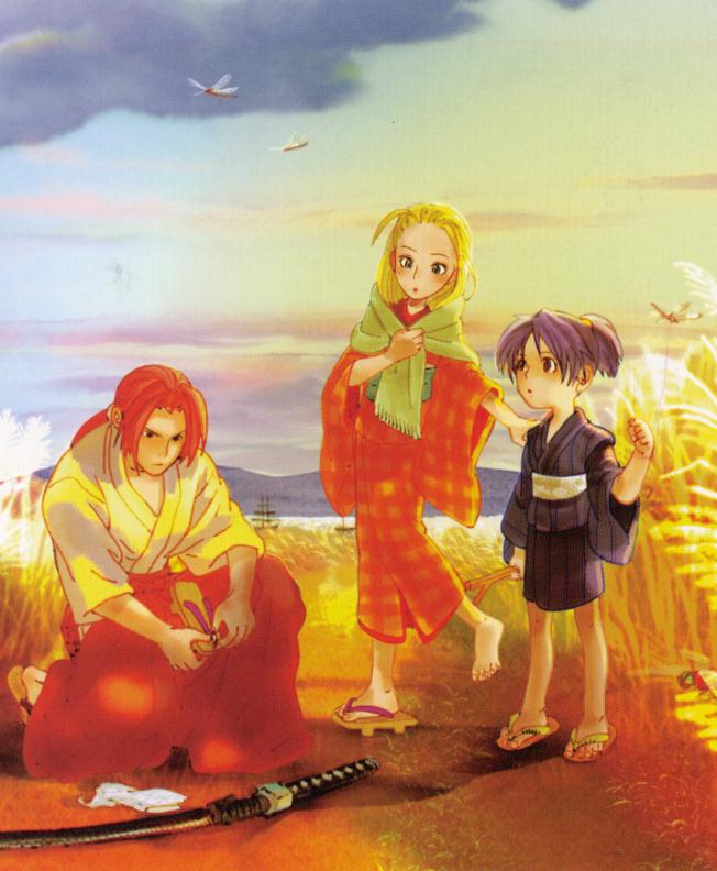 2boys, dragonfly, field, geta, hakama, horizon, japanese_clothes, kaede_(last_blade)