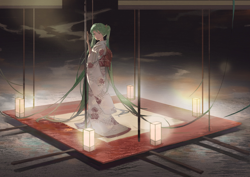 1girl, absurdres, aqua_eyes, aqua_hair, floral_print, hair_ornament, hatsune_miku, highres