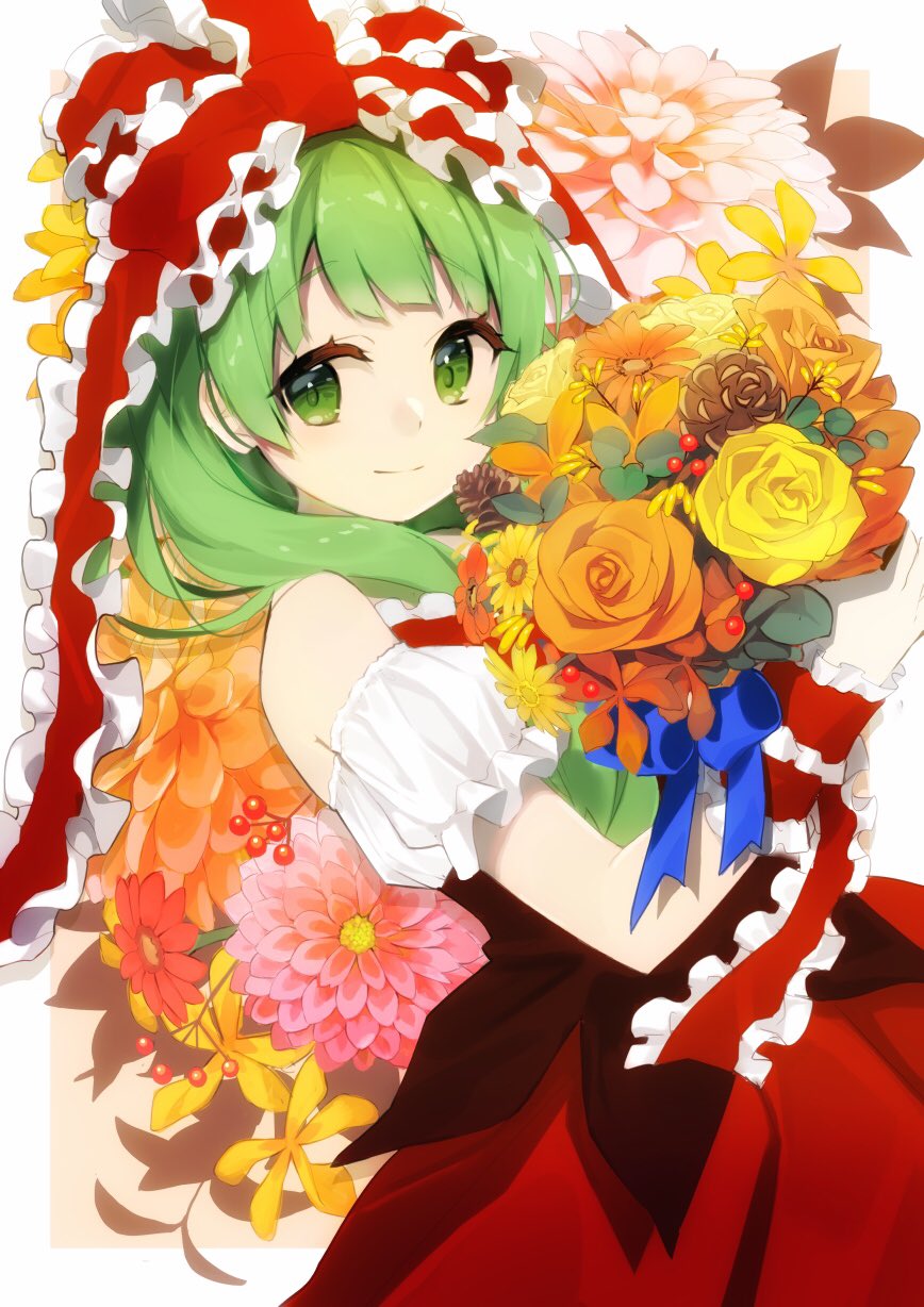 1girl, bangs, bare_shoulders, blue_ribbon, blunt_bangs, bouquet, bow, closed_mouth
