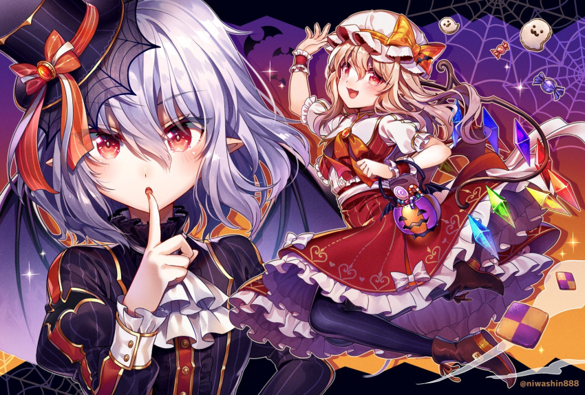 2girls, :3, :o, alternate_costume, alternate_headwear, animal_print, arm_up, artist_name