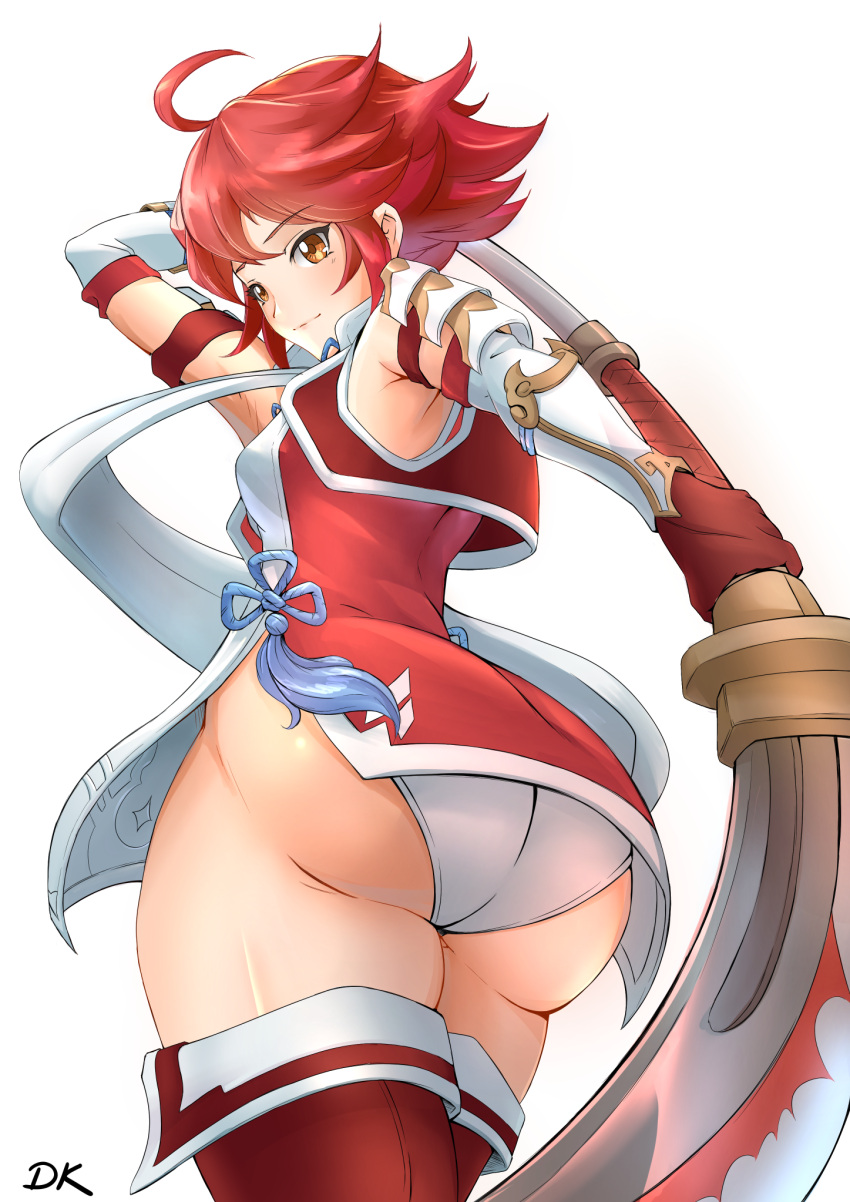 1girl, ahoge, arm_guards, armor, artist_name, ass, bangs, boots, breasts, brown_eyes, closed_mouth, commentary_request, deekei, dress, dutch_angle, eyebrows_visible_through_hair, fire_emblem, fire_emblem_fates, from_behind, gloves, highres, hinoka_(fire_emblem), holding, holding_weapon, japanese_clothes, lisp, naginata, panties, polearm, red_footwear, redhead, scarf, shiny, shiny_hair, shiny_skin, short_dress, short_hair, signature, simple_background, sleeveless, small_breasts, smile, solo, spear, thigh-highs, thigh_boots, thighs, underwear, weapon, white_background, white_panties, white_scarf