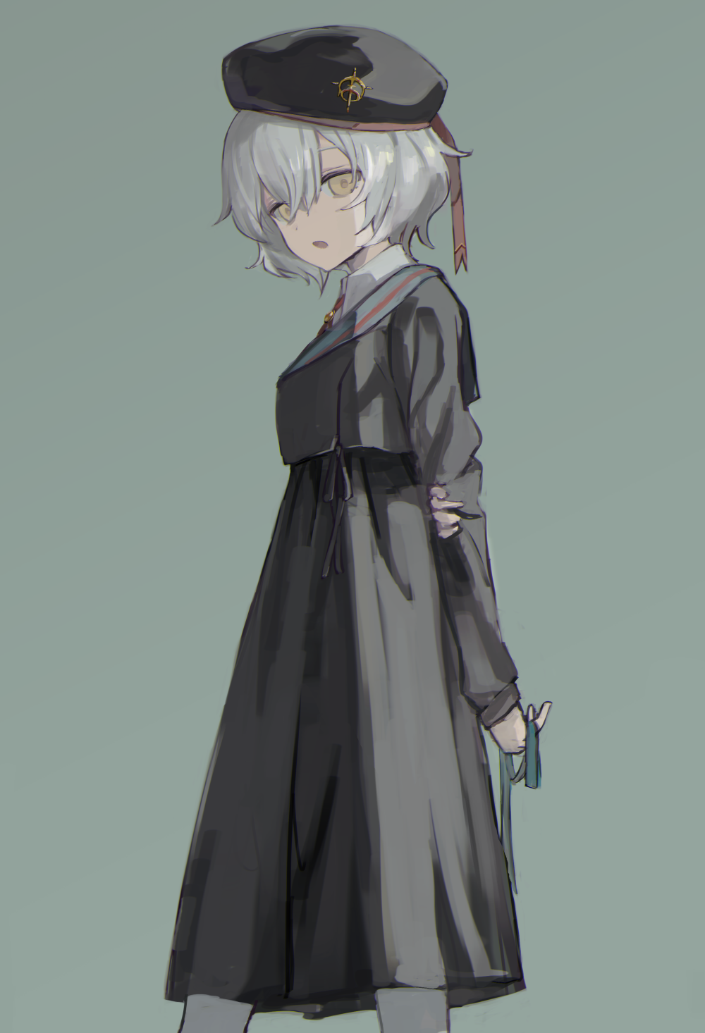 1girl, :o, black_headwear, black_shirt, black_skirt, blue_ribbon, blue_sailor_collar, commentary