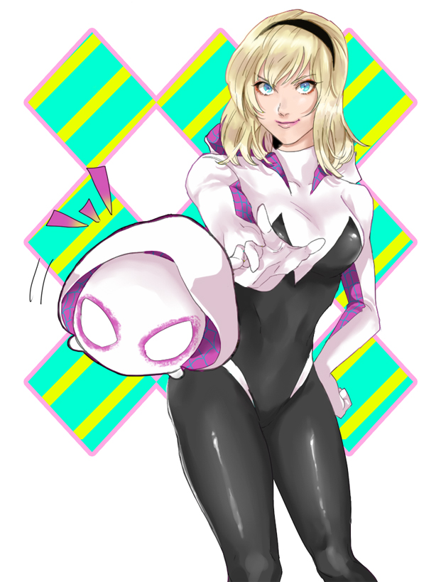 /\/\/\, 1girl, blonde_hair, blue_eyes, bodysuit, breasts, closed_mouth, disney_tsum-tsum