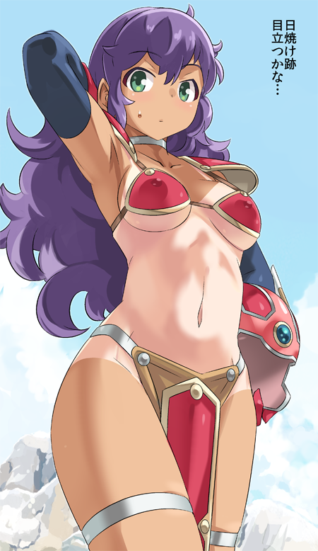 1girl, armor, armpits, bikini_armor, breasts, choker, closed_mouth, commentary_request