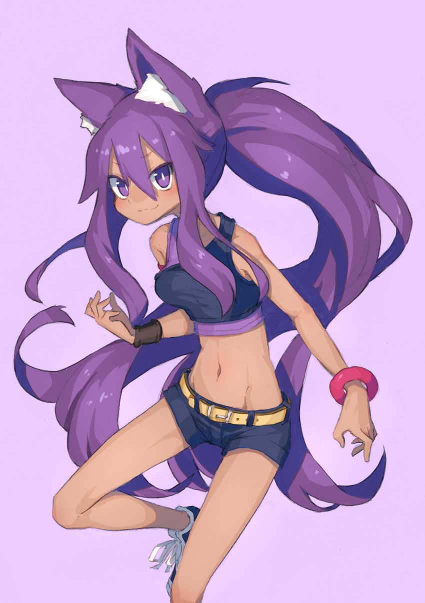 1girl, absurdres, animal_ear_fluff, animal_ears, belt, black_shorts, bracelet, cat_ears