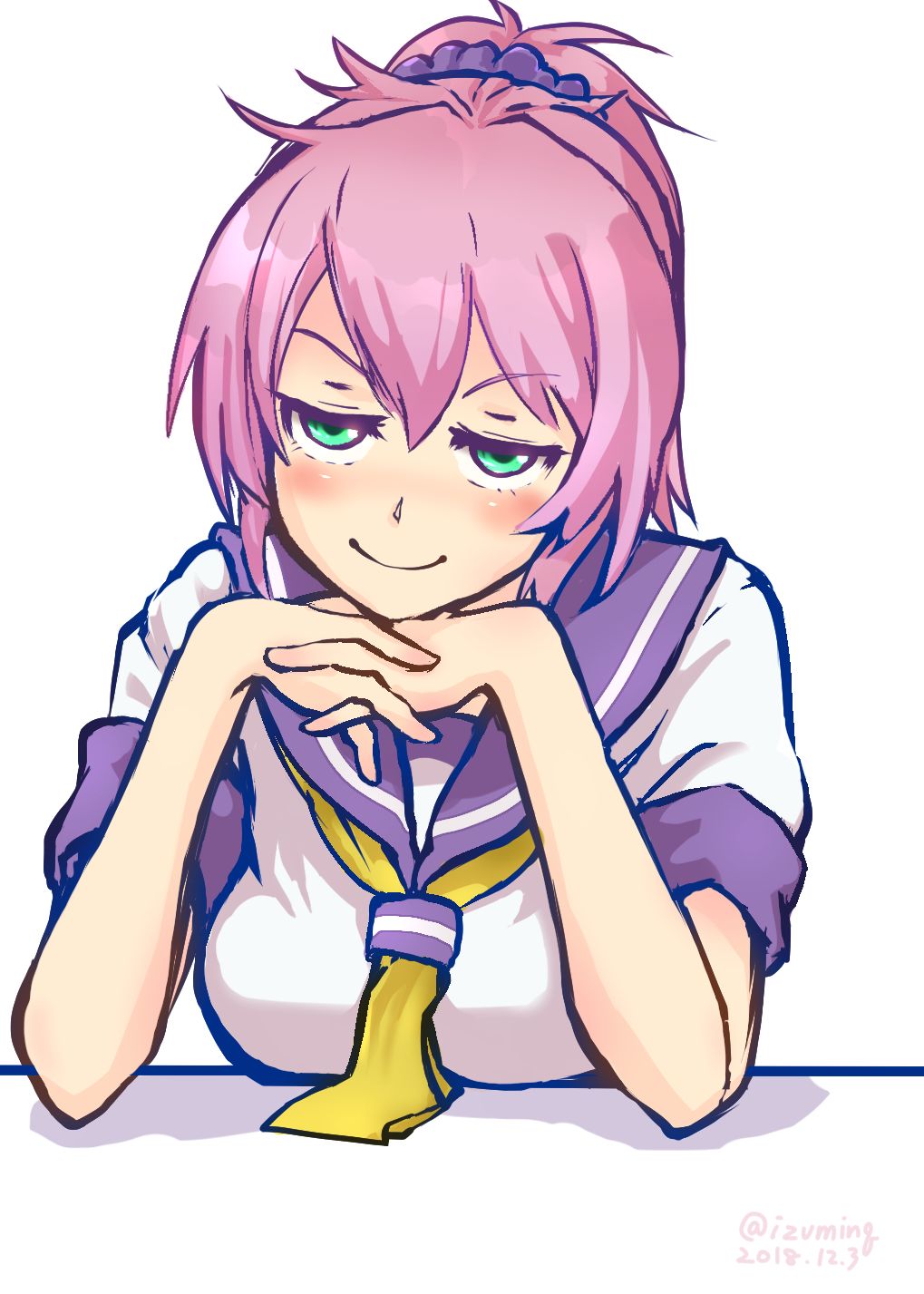 1girl, aoba_(kantai_collection), bangs, blush, breast_rest, breasts, dated, elbow_rest