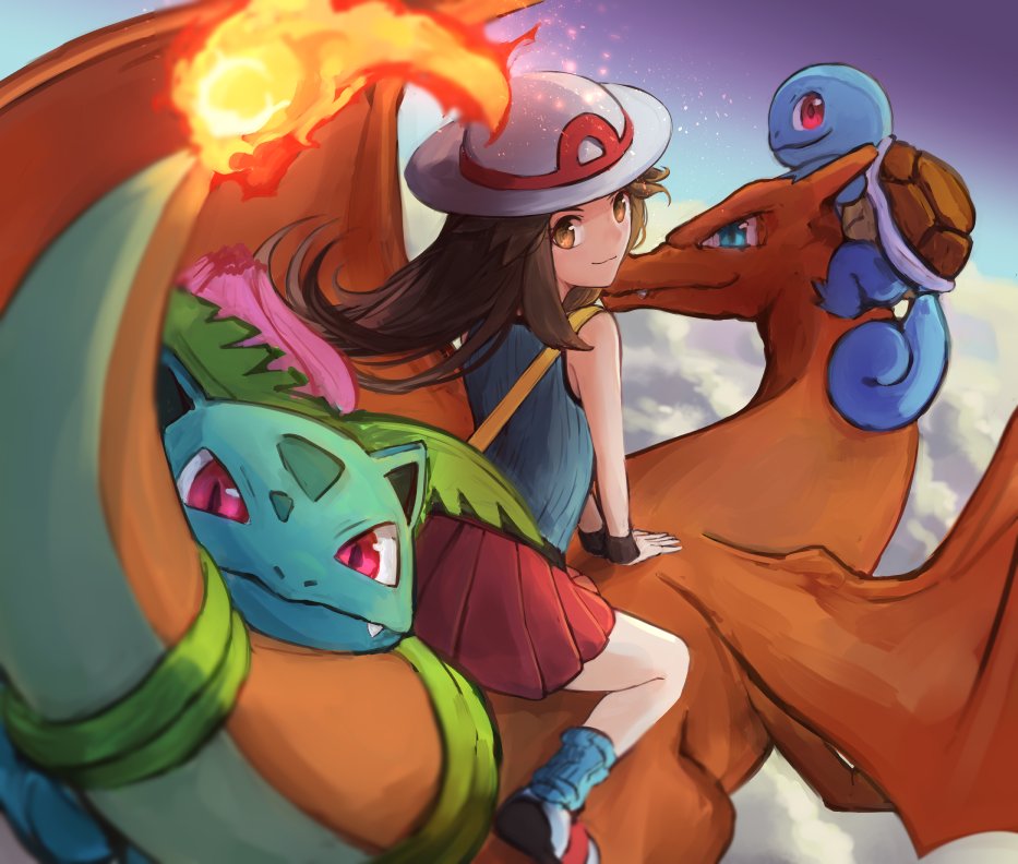 1girl, 3others, blue_(pokemon), blue_eyes, blue_shirt, brown_eyes, brown_hair, charizard