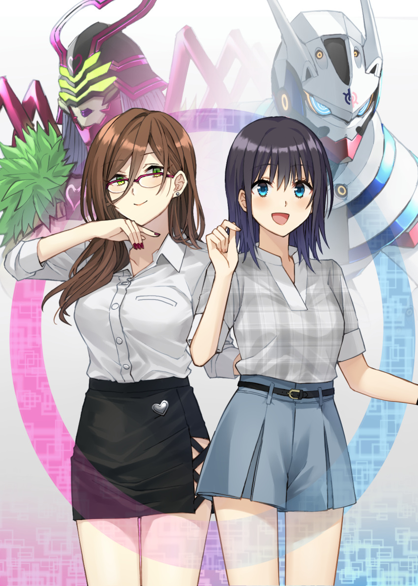 2girls, :d, belt, belt_buckle, black_belt, black_hair, black_skirt, blue_eyes
