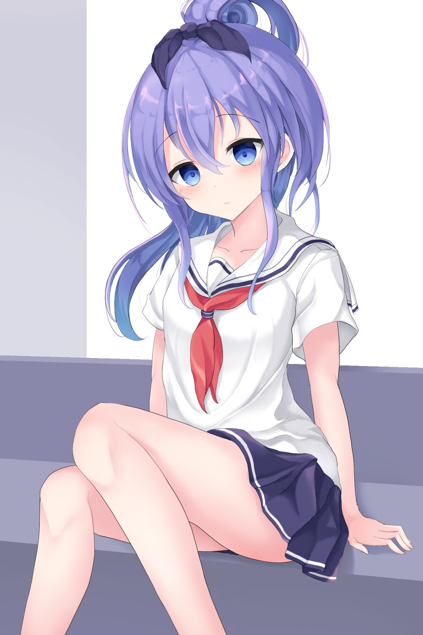 1girl, arm_support, bangs, black_ribbon, blue_eyes, blue_skirt, blush, closed_mouth