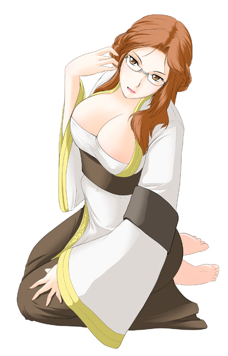 archbishop, arunafeltz, aruni_(ro), barefoot, breasts, brown_eyes, brown_hair, cleavage, curly_hair, erect_nipples, glasses, kanzuki_yuu, kneeling, large_breasts, long_hair, niren, ragnarok_online, yu.kanduki