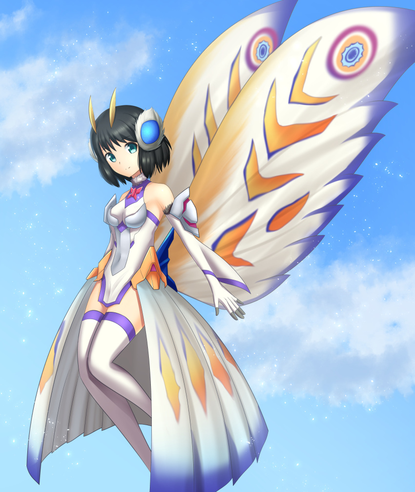 1girl, absurdres, antennae, armor, black_hair, blue_eyes, blue_sky, breasts