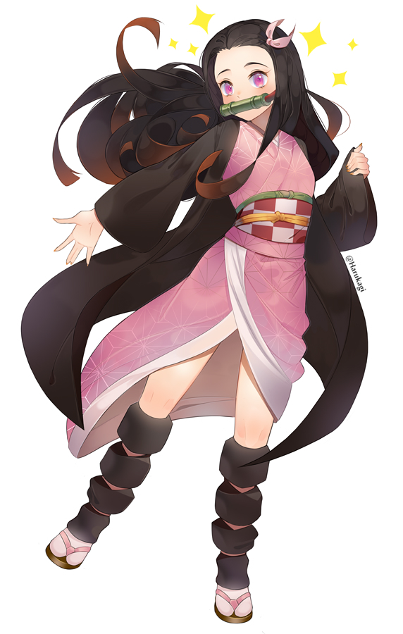 1girl, artist_name, bamboo, bit_gag, black_hair, brown_hair, commentary_request, forehead