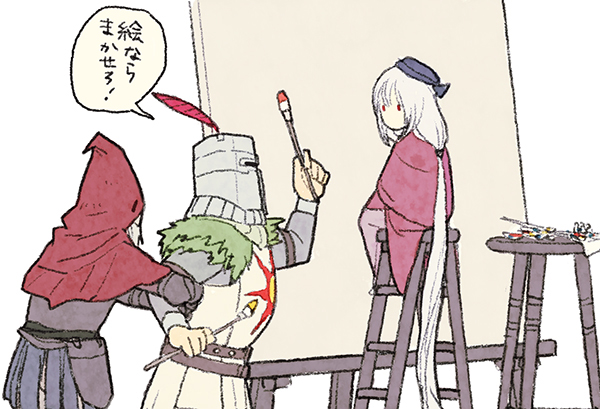 1girl, 2boys, armor, art_brush, canvas_(object), dark_souls, dark_souls_iii, feathers, grey_hair, hat, helmet, holding, holding_paintbrush, long_hair, multiple_boys, paintbrush, painting_woman, simple_background, sitting, slave_knight_gael, solaire_of_astora, souls_(from_software), speech_bubble, translation_request, very_long_hair, white_background, y_(chos)