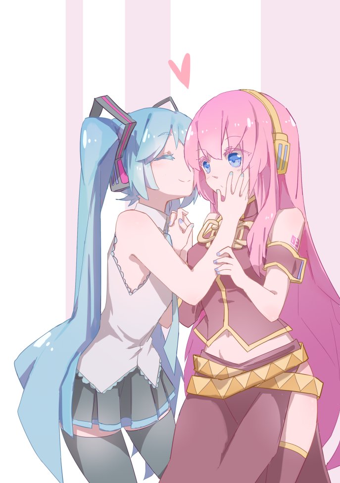 2girls, aqua_hair, aqua_nails, aqua_neckwear, armband, bare_shoulders, belt, black_legwear