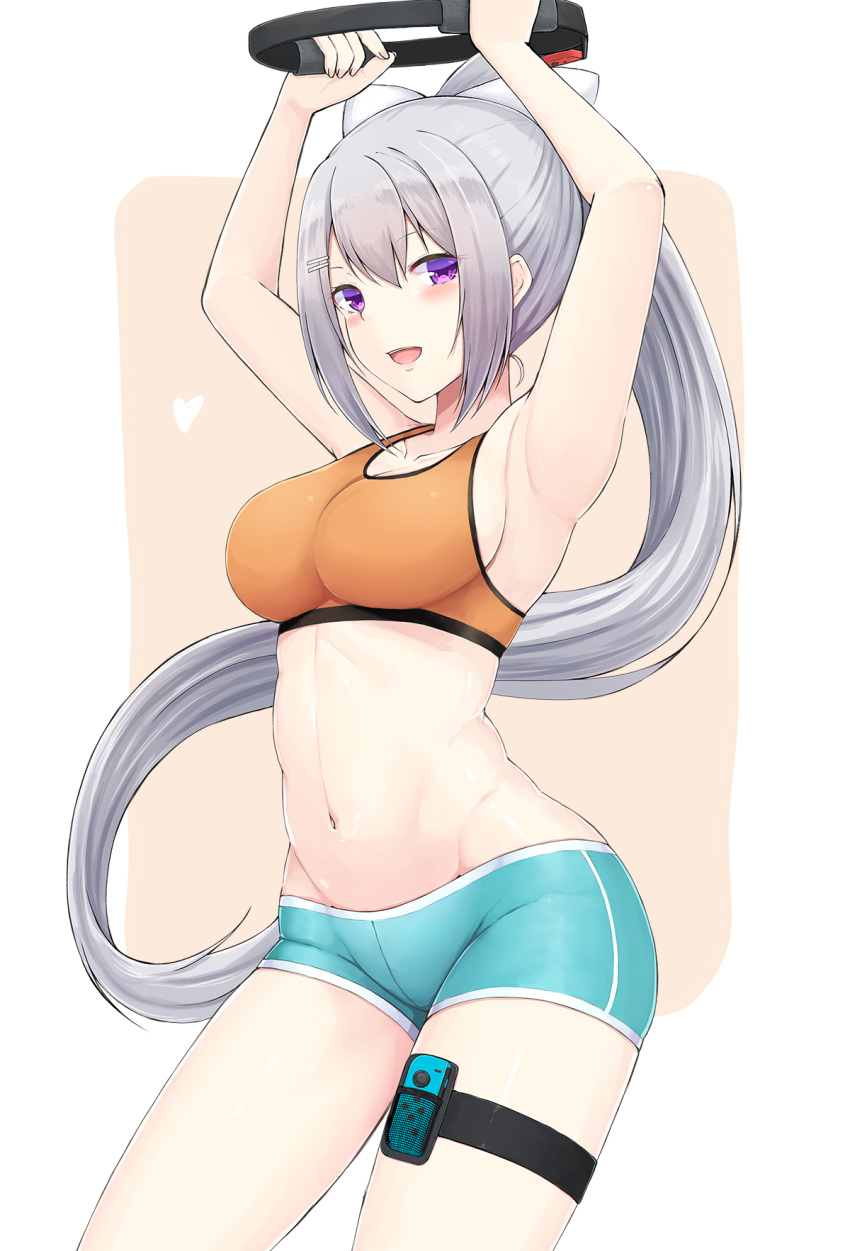 1girl, :d, aqua_shorts, armpits, arms_up, bangs, bike_shorts, blush