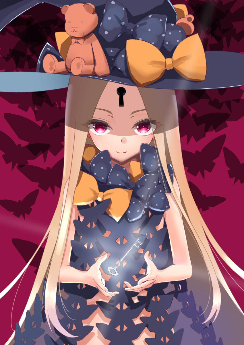 1girl, abigail_williams_(fate/grand_order), absurdres, bangs, bare_shoulders, black_bow, black_headwear, blonde_hair