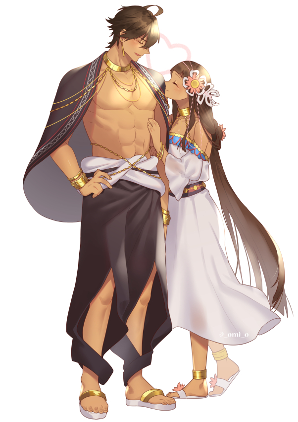 1boy, 1girl, ahoge, anklet, arm_at_side, bangs, bare_shoulders, black_cloak