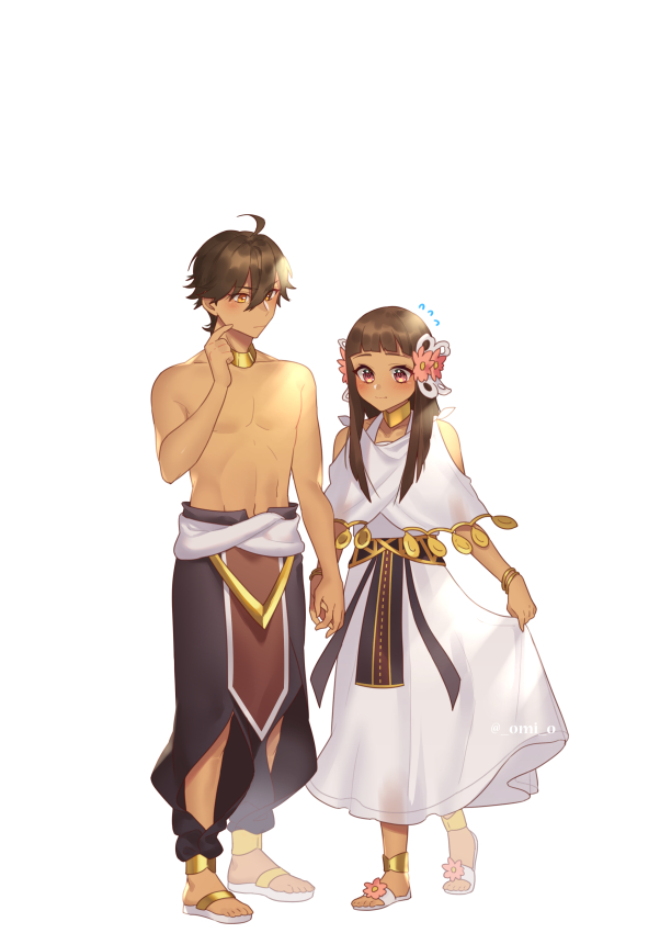 1boy, 1girl, ahoge, anklet, bangs, bare_shoulders, blunt_bangs, bracelet