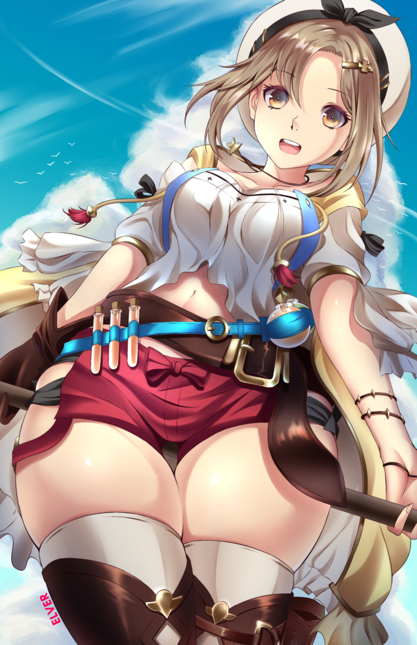 1girl, artist_name, atelier_(series), atelier_ryza, bangs, belt, beret, black_panties, black_ribbon, blue_belt, blue_sky, boots, brown_belt, brown_eyes, brown_footwear, brown_gloves, brown_hair, clouds, commentary, cowboy_shot, day, drawstring, elver-lee, english_commentary, eyebrows_visible_through_hair, flock, from_below, gloves, hat, hat_ribbon, highres, holding, jewelry, looking_at_viewer, navel, open_mouth, outdoors, panties, pendant, red_shorts, reisalin_stout, ribbon, shirt, short_hair, short_shorts, short_sleeves, shorts, single_glove, skindentation, sky, solo, standing, star, test_tube, thick_thighs, thigh-highs, thigh_boots, thighs, underwear, white_headwear, white_legwear, white_shirt